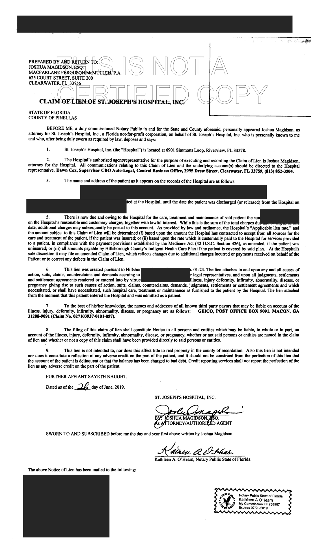 claim of lien of St. Joseph’s Hospital, Inc