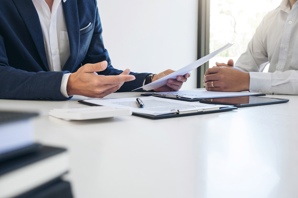 Agent man presentation and consulting car insurance detail to customer
