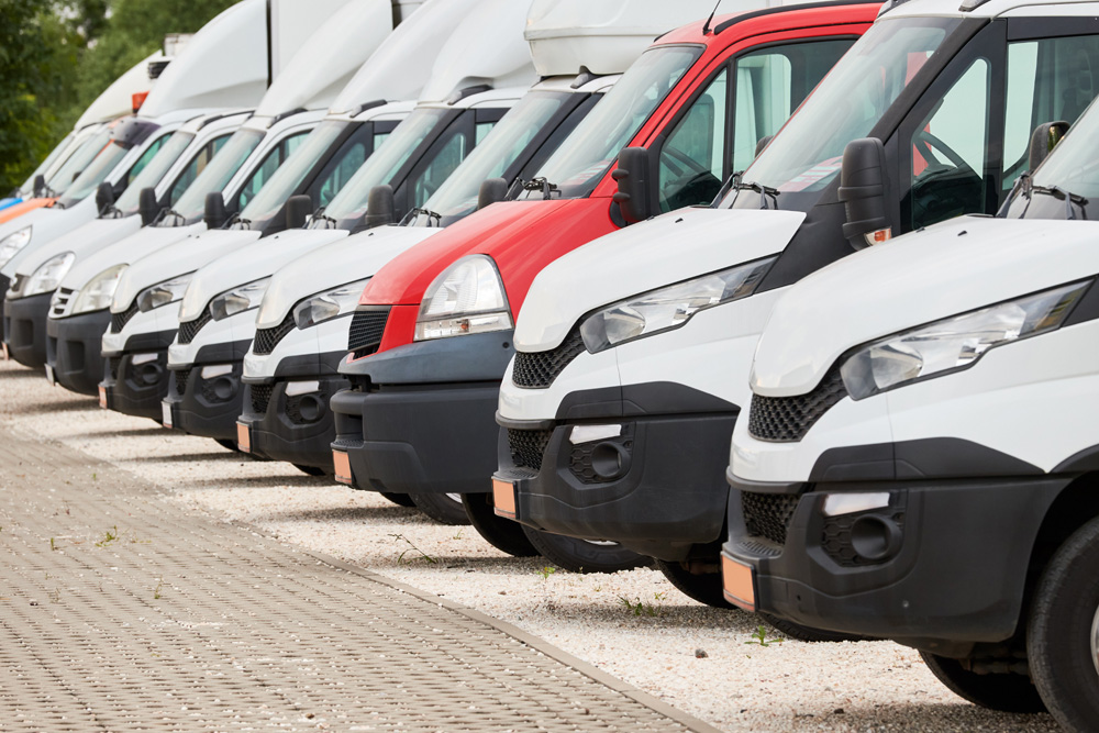 Fleet of commercial lorry trucks in row
