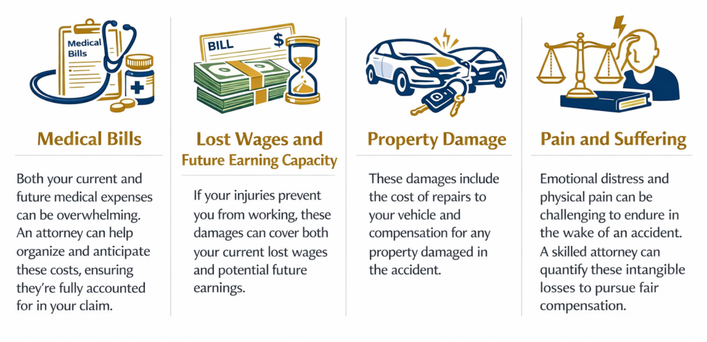 Icons representing car accident damages including medical bills, lost wages, property damage, and pain and suffering in a personal injury claim.